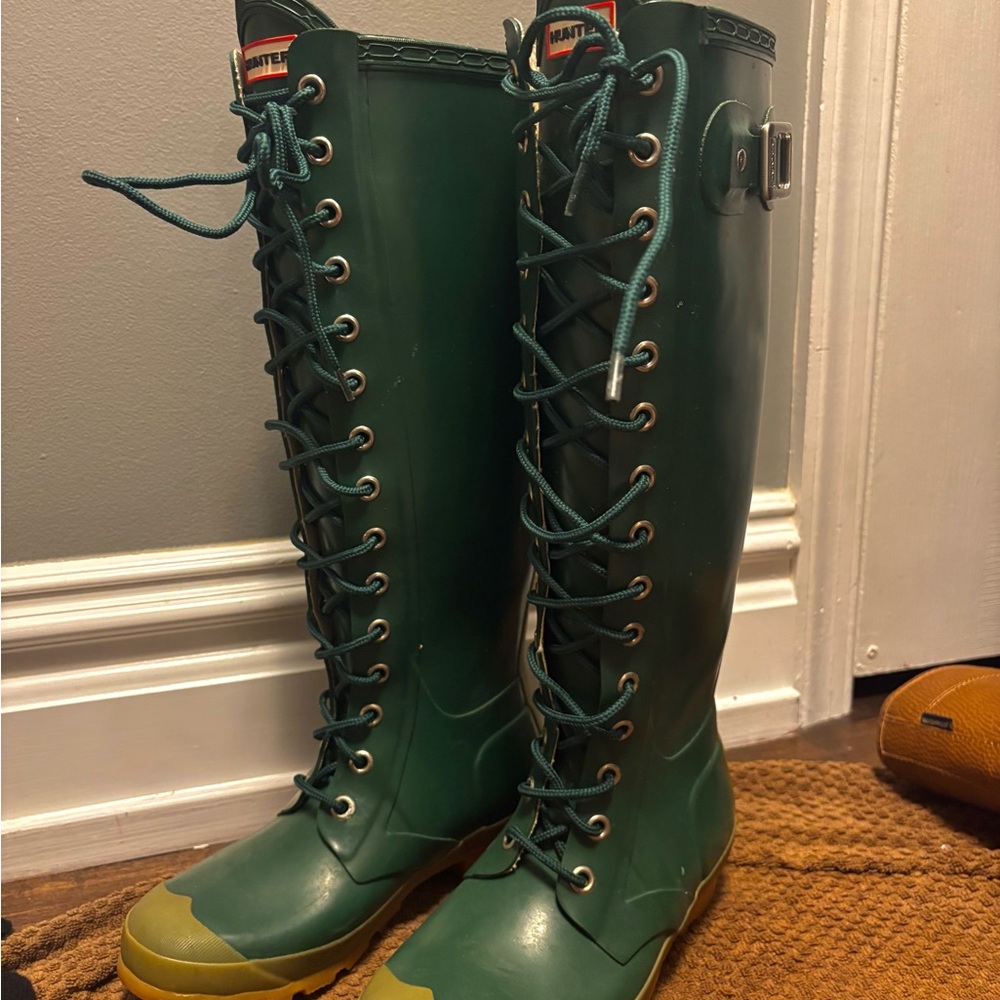 Hunter Dark Green Lace-Up Rain Boots